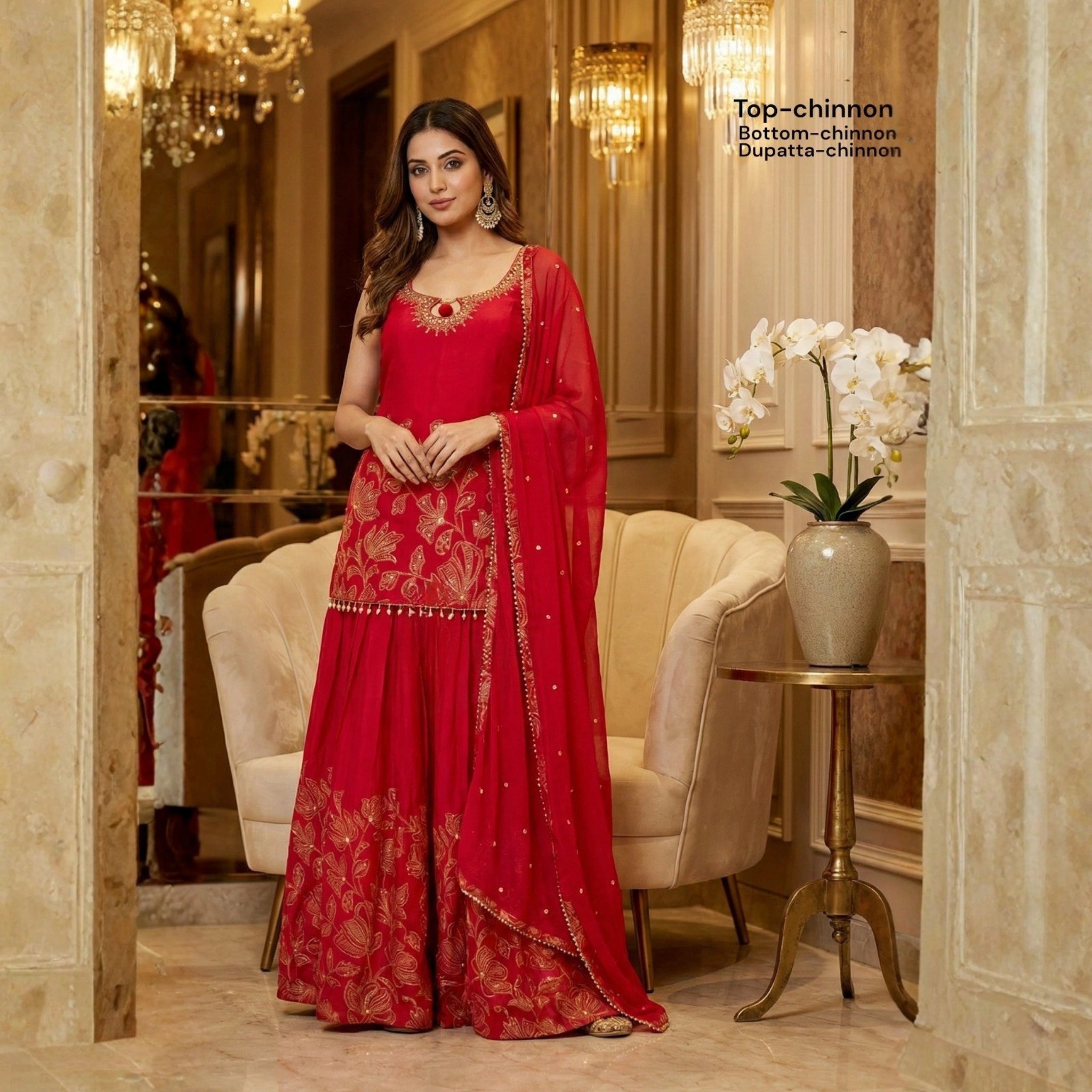 Royal Red Silk Embroidered Sharara Suit Set
