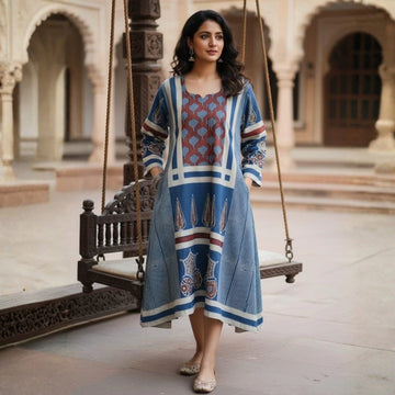 Designer Cotton Ajrakh Hand Block Print One Piece Dress