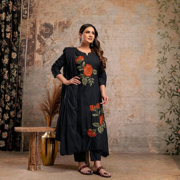 Chic Floral Embroidered Mul Cotton Kurta Set