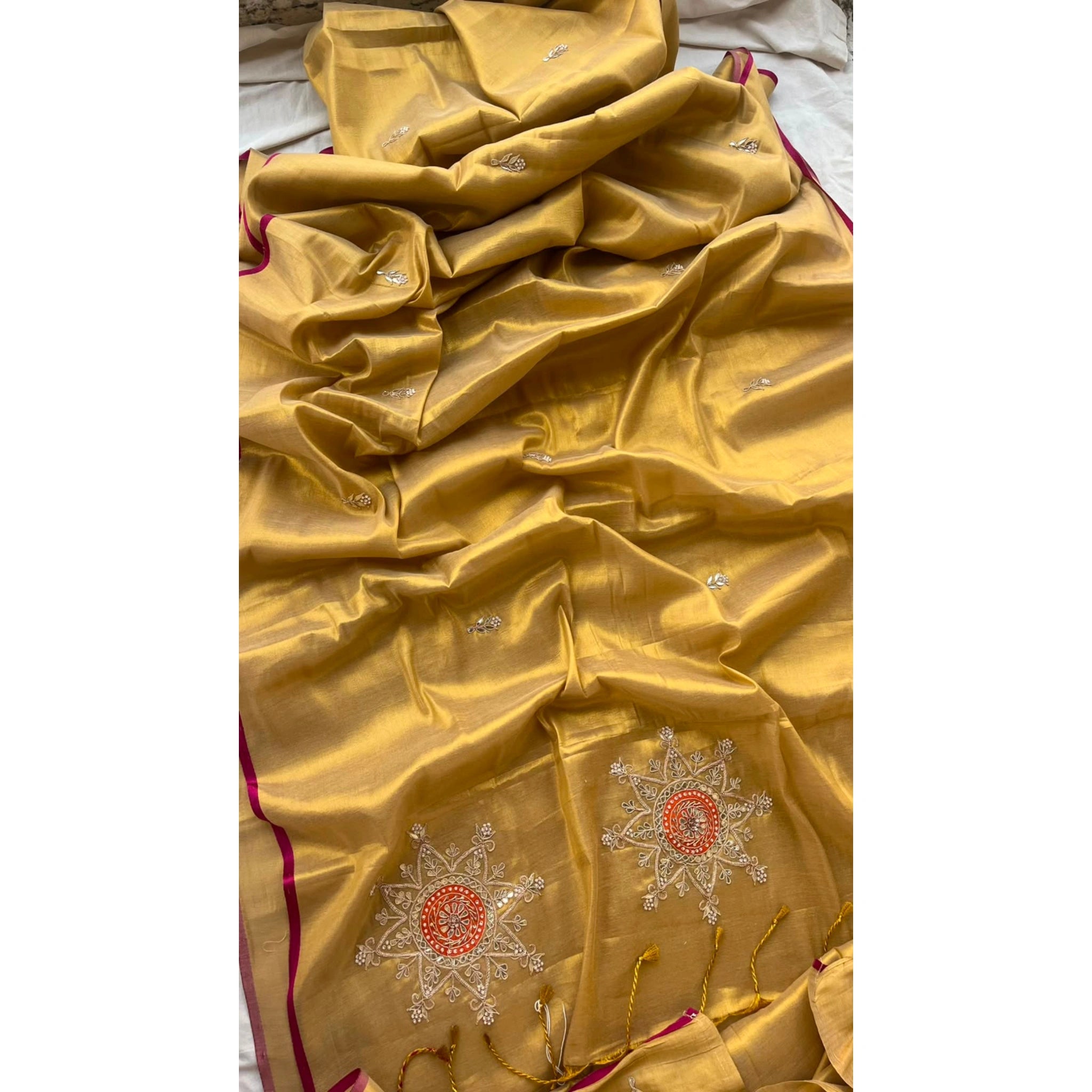 Golden Silk Embroidered Designer Saree with Tassels
