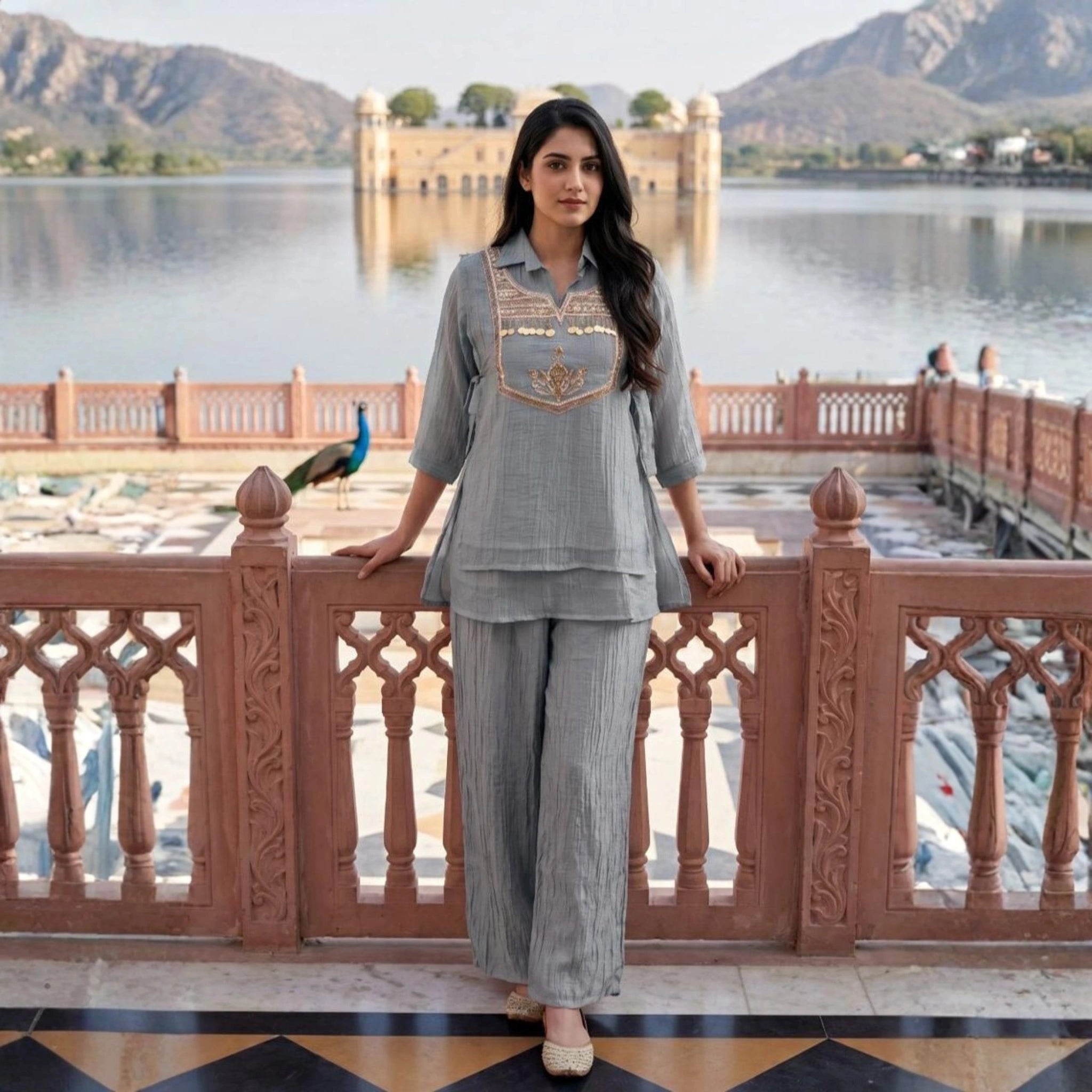 Designer Crinkle Co-Ord Set with Embroidered Yoke