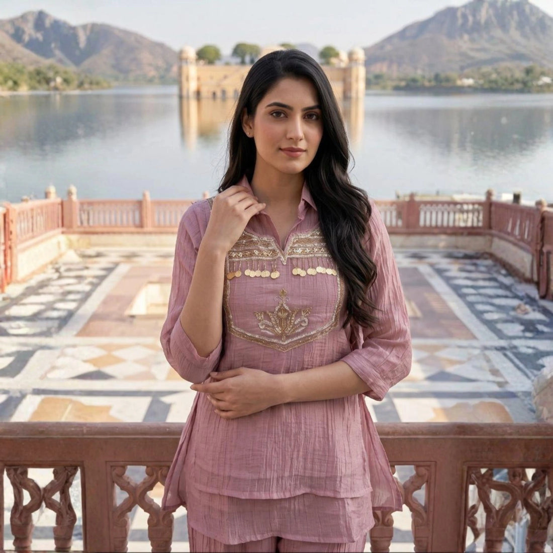 Designer Crinkle Co-Ord Set with Embroidered Yoke