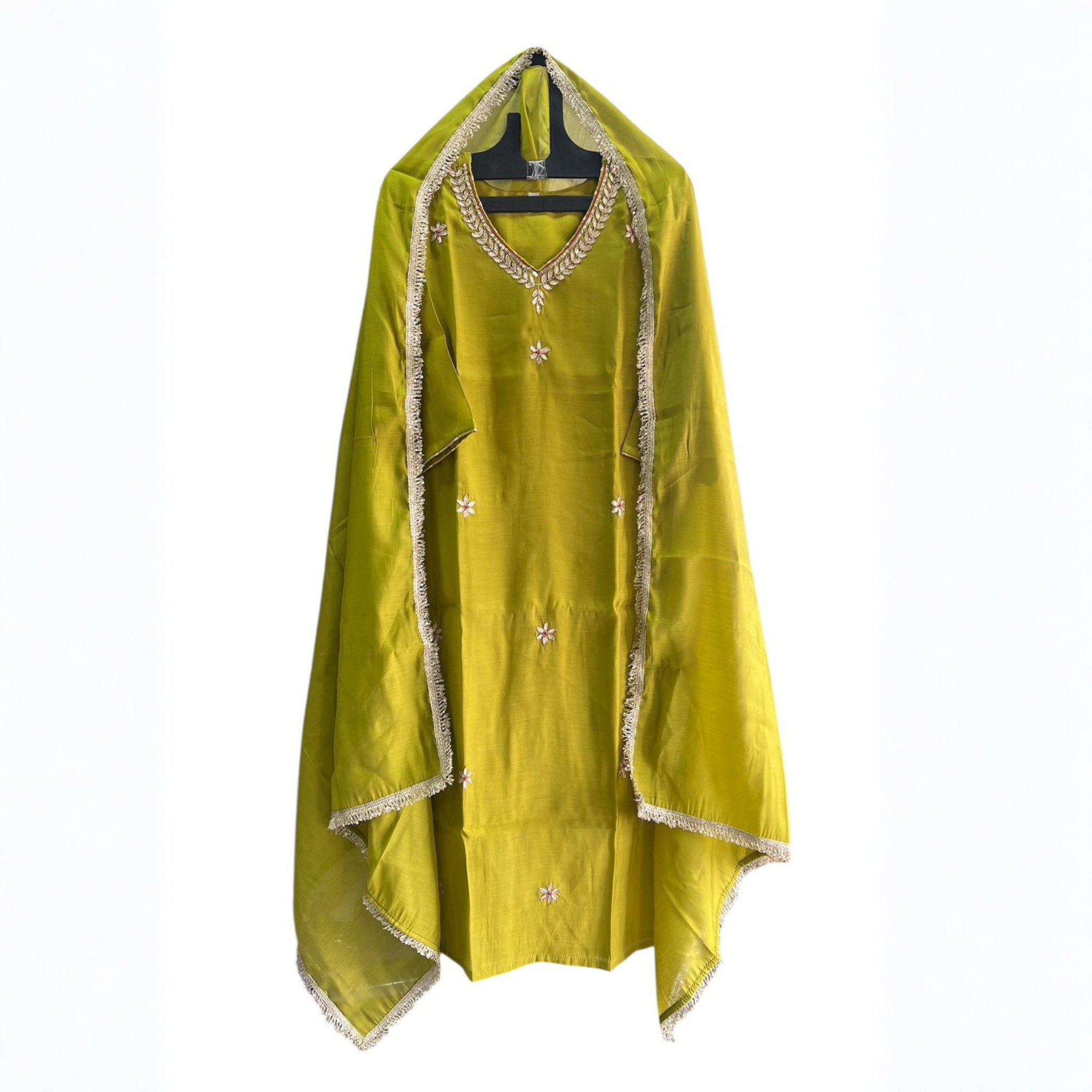 Mul Chanderi Embroidered Suit Set with Dupatta