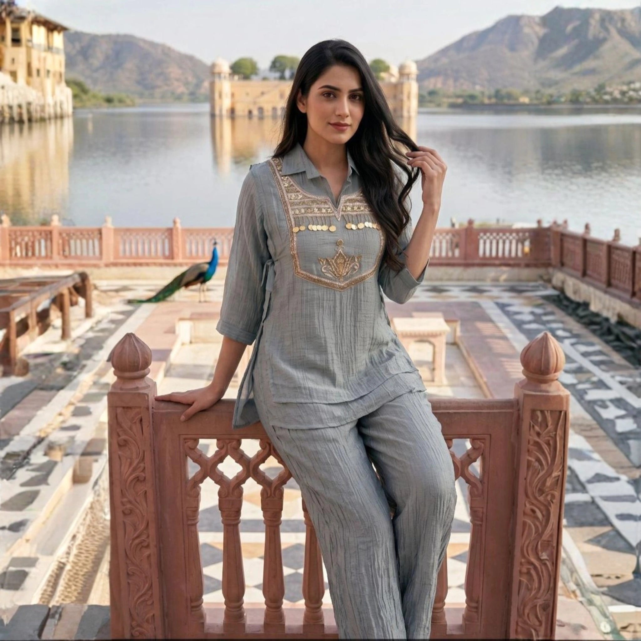Designer Crinkle Co-Ord Set with Embroidered Yoke