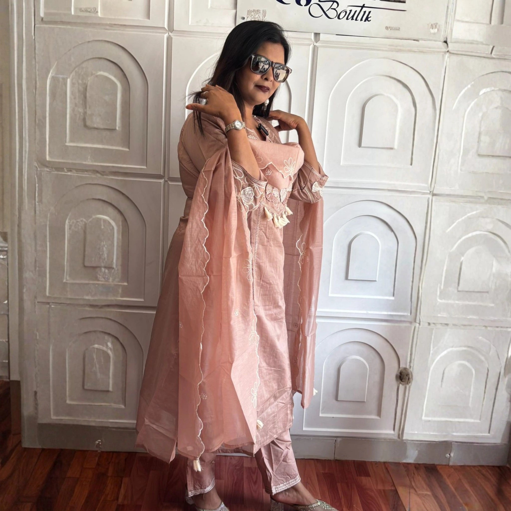 Peach Blossom Mul Chanderi Suit Set