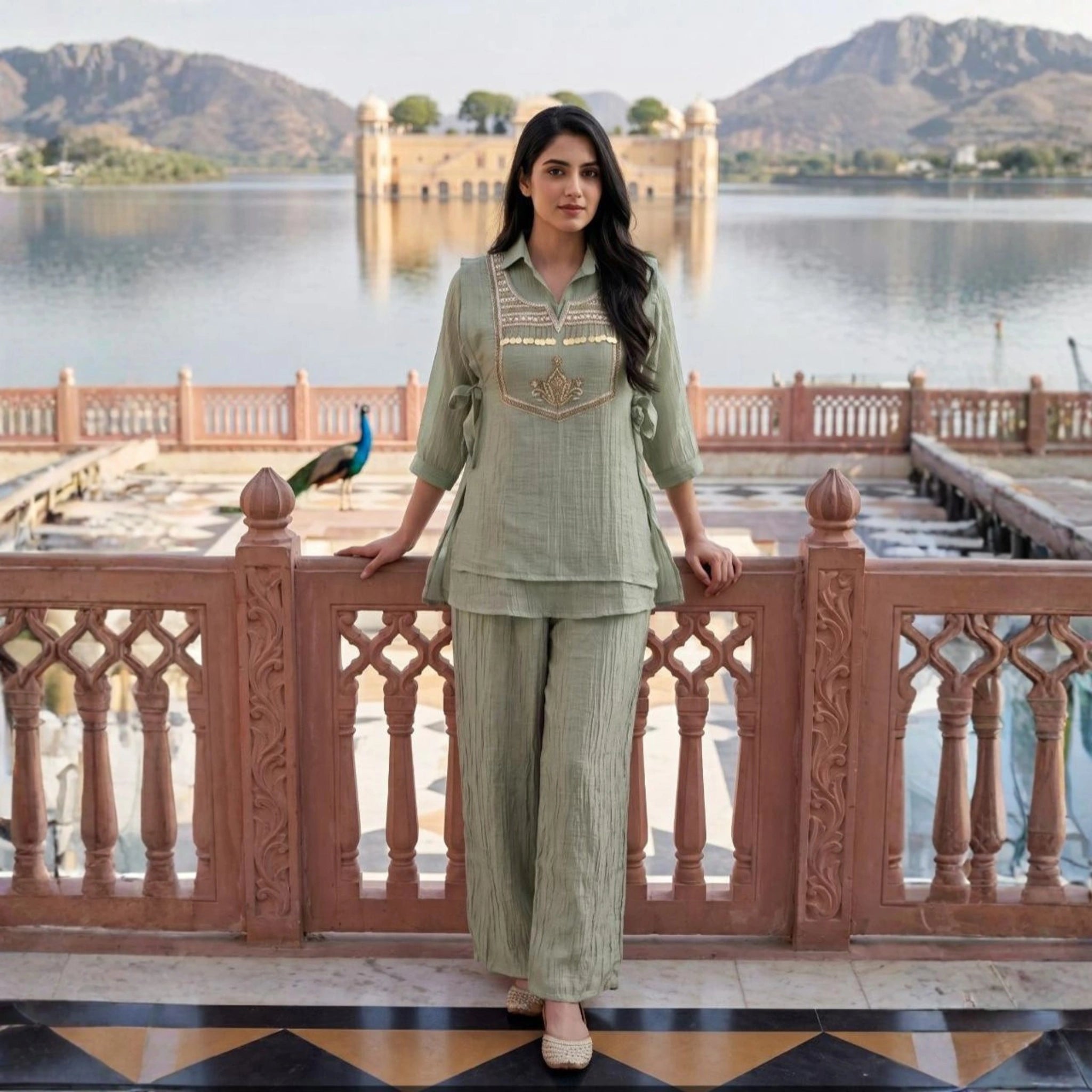 Designer Crinkle Co-Ord Set with Embroidered Yoke