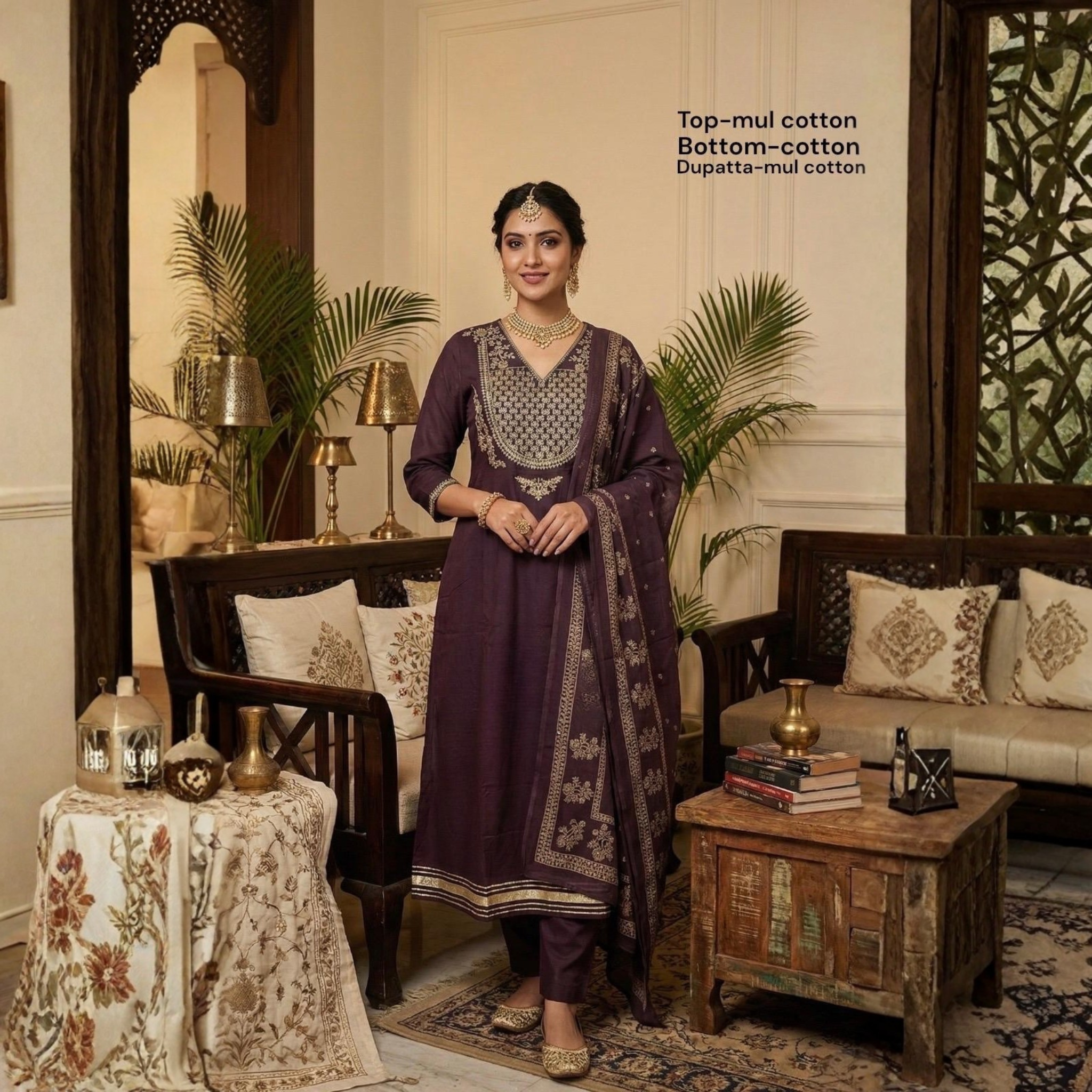 Elegant Purple Cotton Kurti Pant Dupatta Set