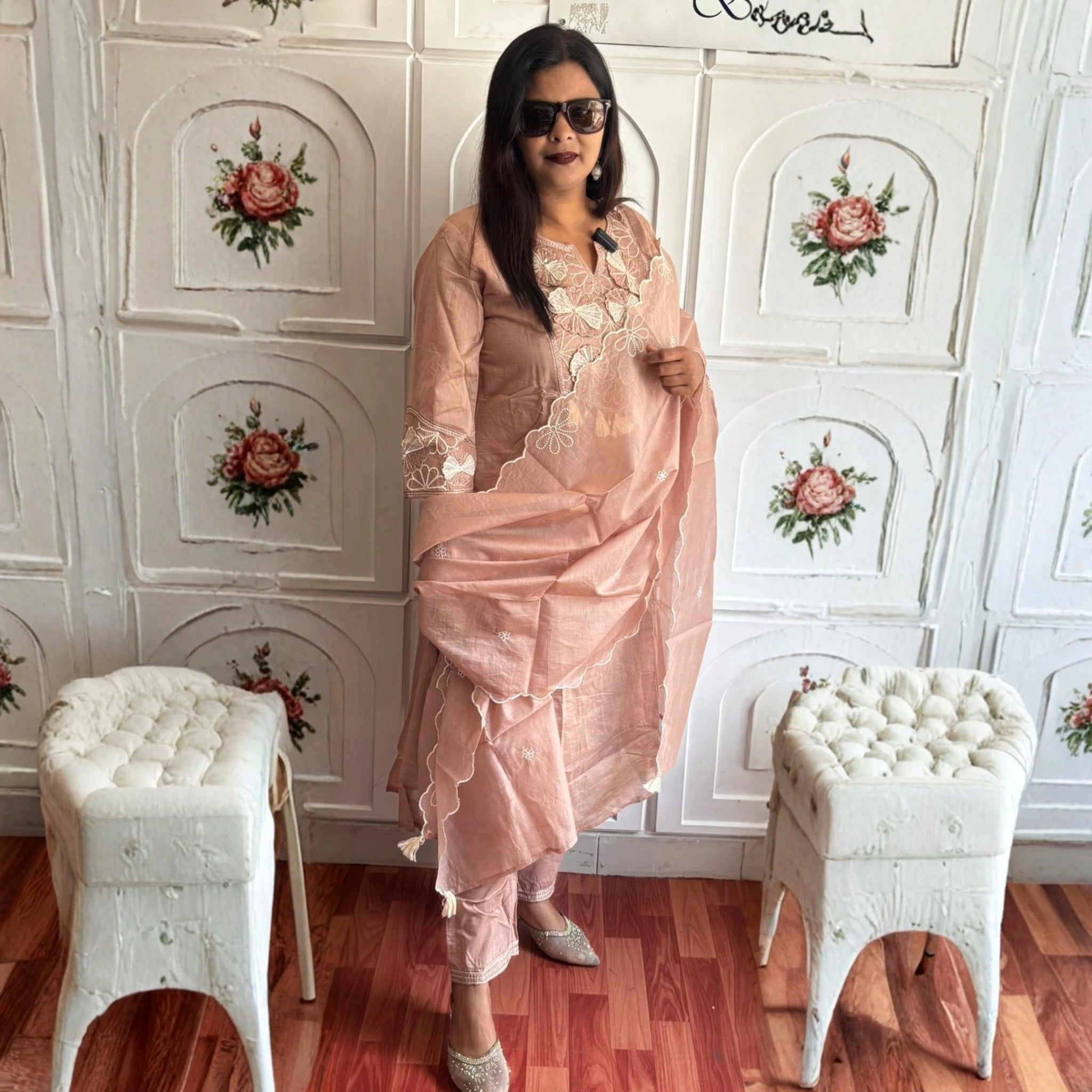 Peach Blossom Mul Chanderi Suit Set