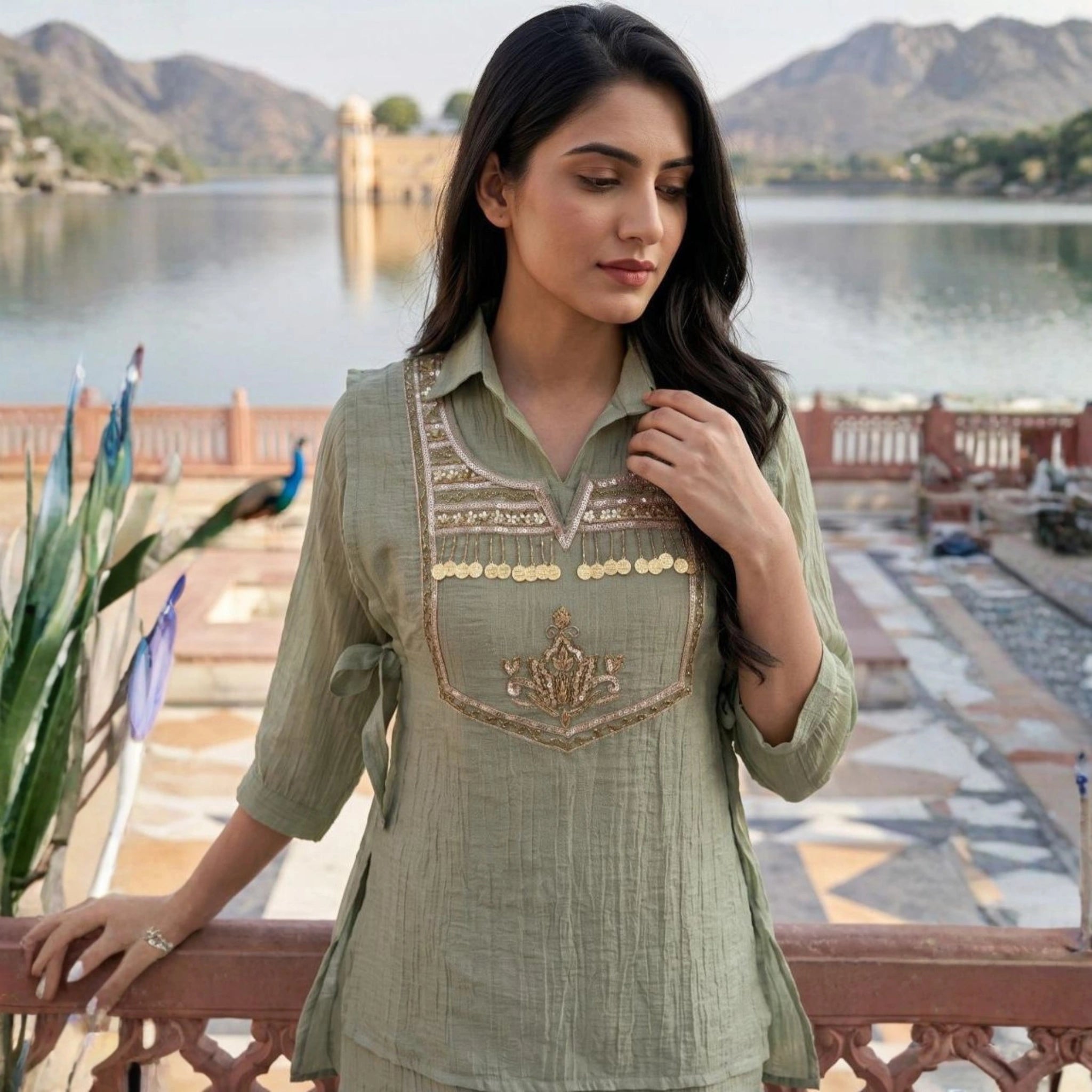 Designer Crinkle Co-Ord Set with Embroidered Yoke