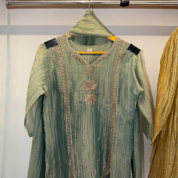 Elegant Sea Green Crushed Tissue Silk Indo Western Set