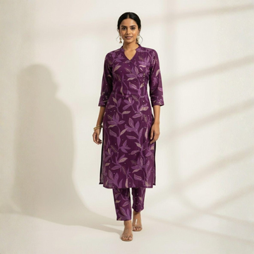 Elegant Purple Chanderi Kurti Pant Set
