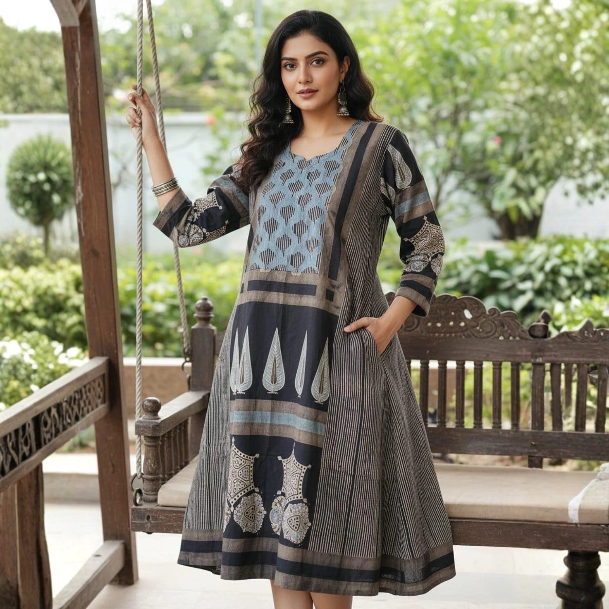 Designer Cotton Ajrakh Hand Block Print One Piece Dress