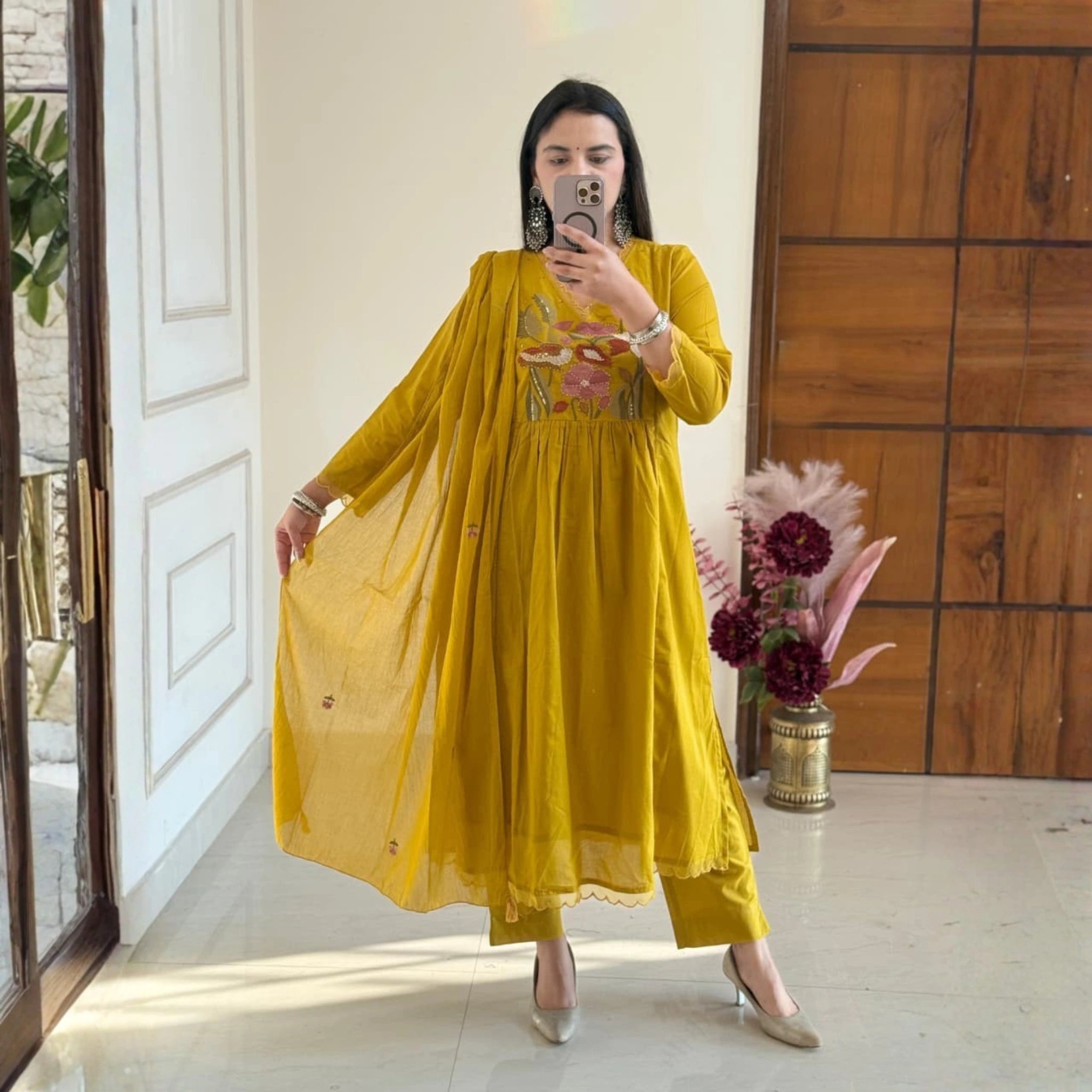 Mustard Yellow Cotton Embroidered Suit Set with Dupatta