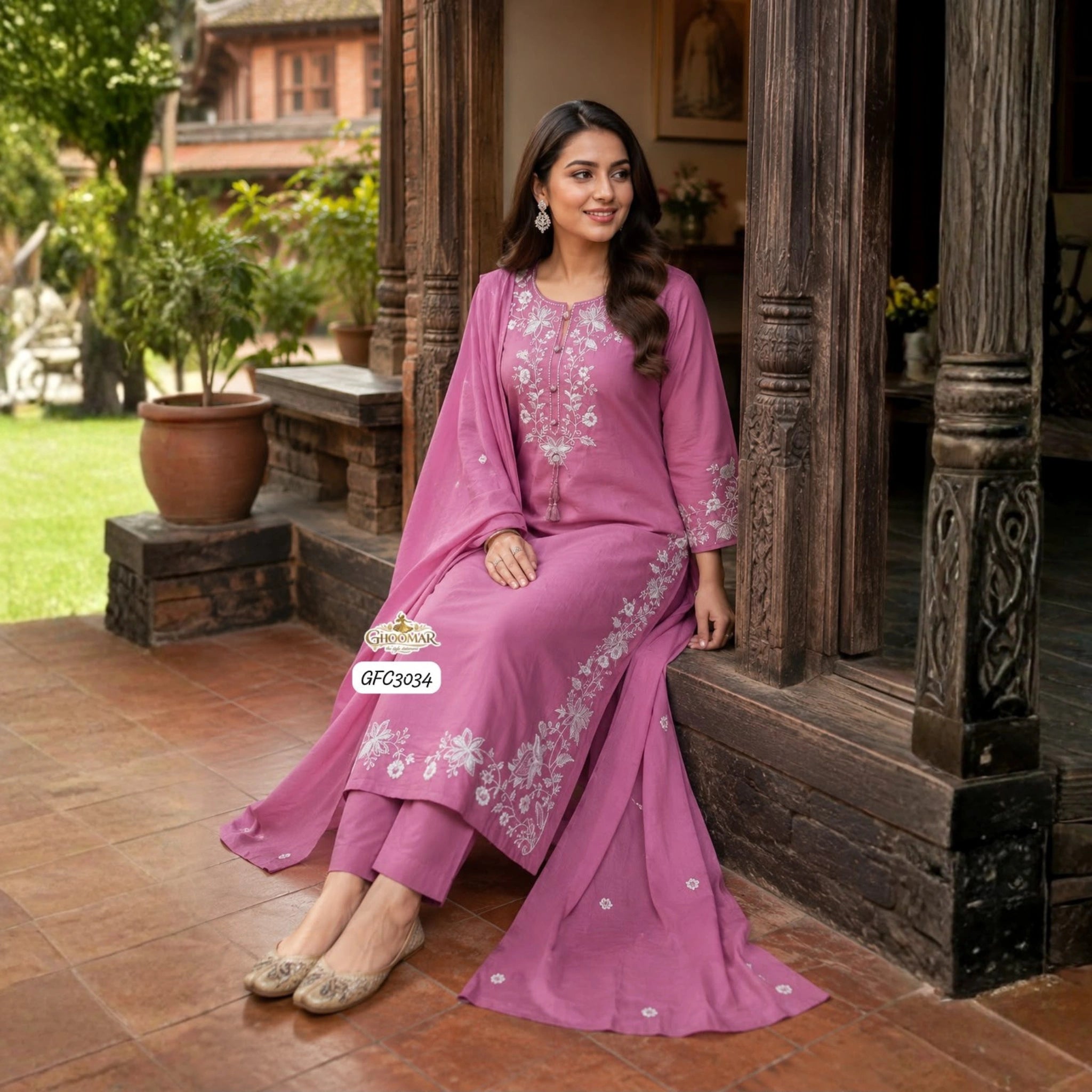 Elegant Pink Cotton Embroidered Suit Set with Dupatta