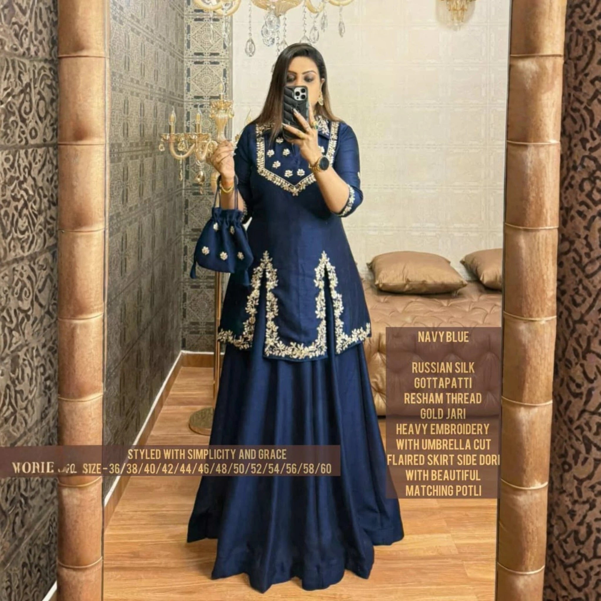 Royal Russian Silk Indo-Western Skirt Set with Potli Bag