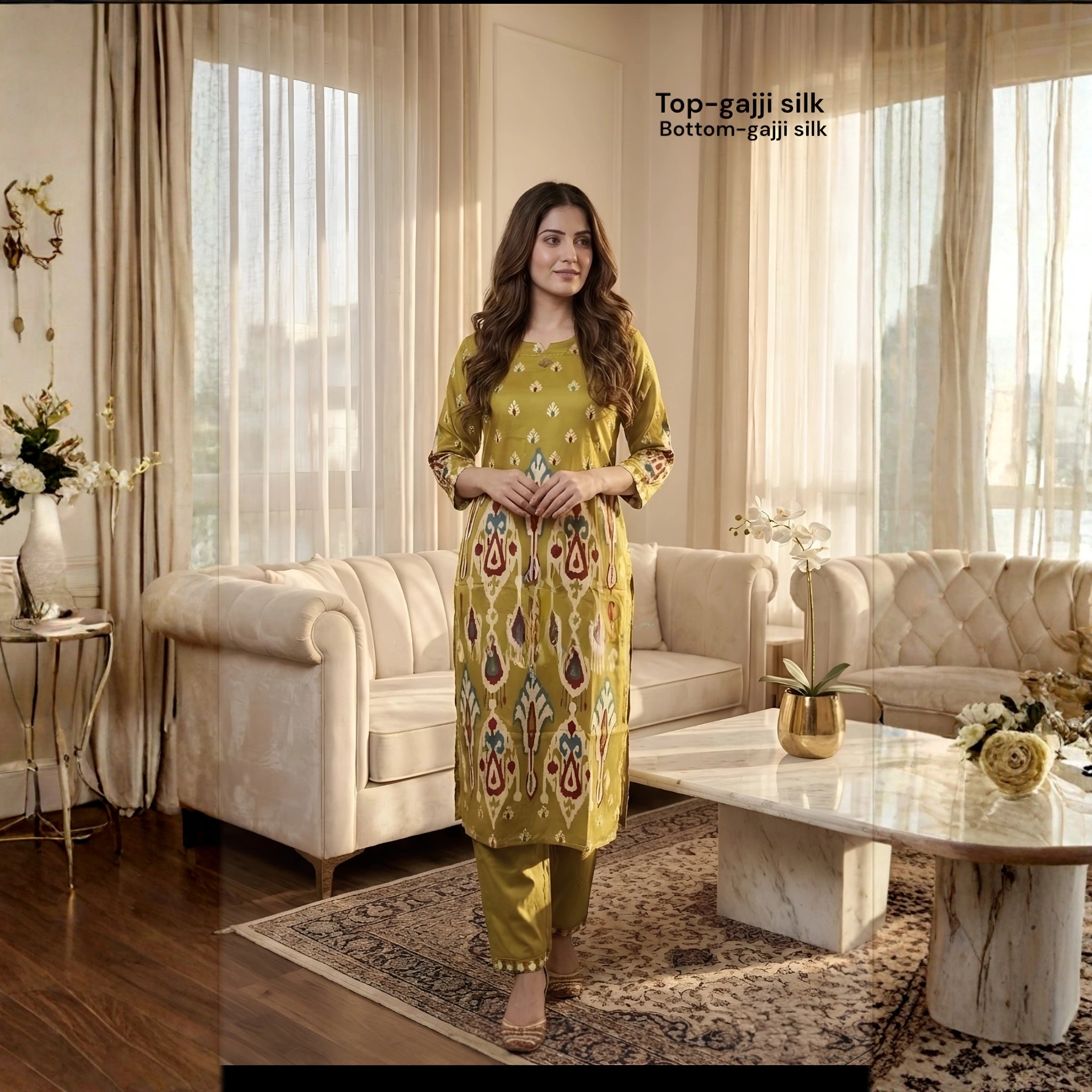 Mehndi Yellow Gaji Silk Printed Kurta Pant Set