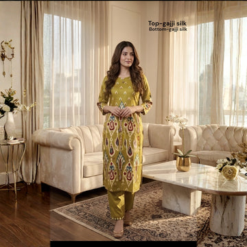 Mehndi Yellow Gaji Silk Printed Kurta Pant Set
