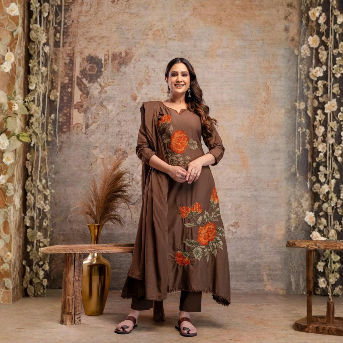 Chic Floral Embroidered Mul Cotton Kurta Set