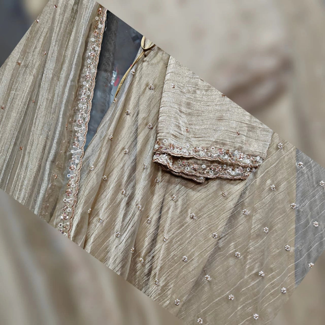 Elegant Champagne Banarasi Crush Tissue Silk Lehenga Set