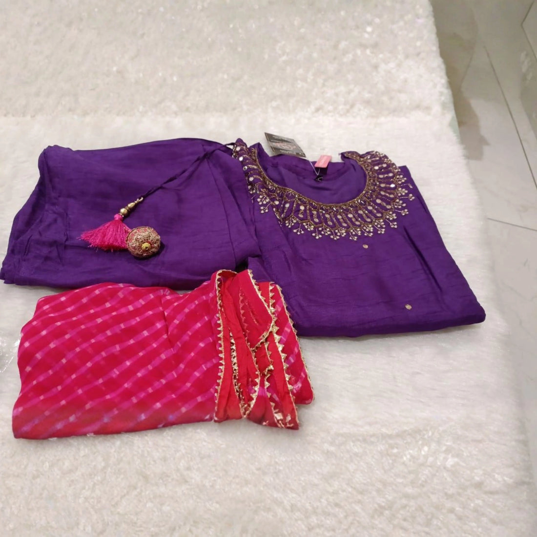 Royal Purple Silk Kurti Set with Leheriya Dupatta