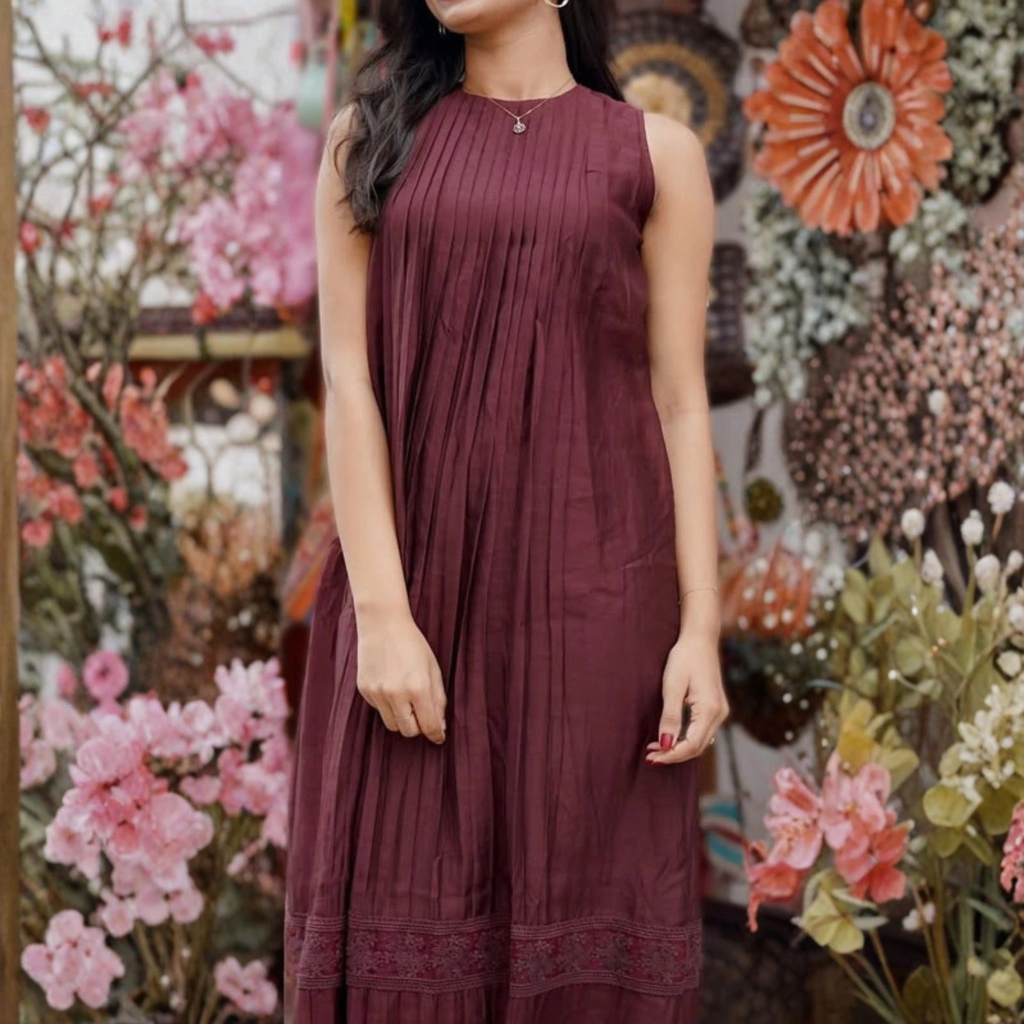 Elegant Wine Mul Cotton Sleeveless Kurti