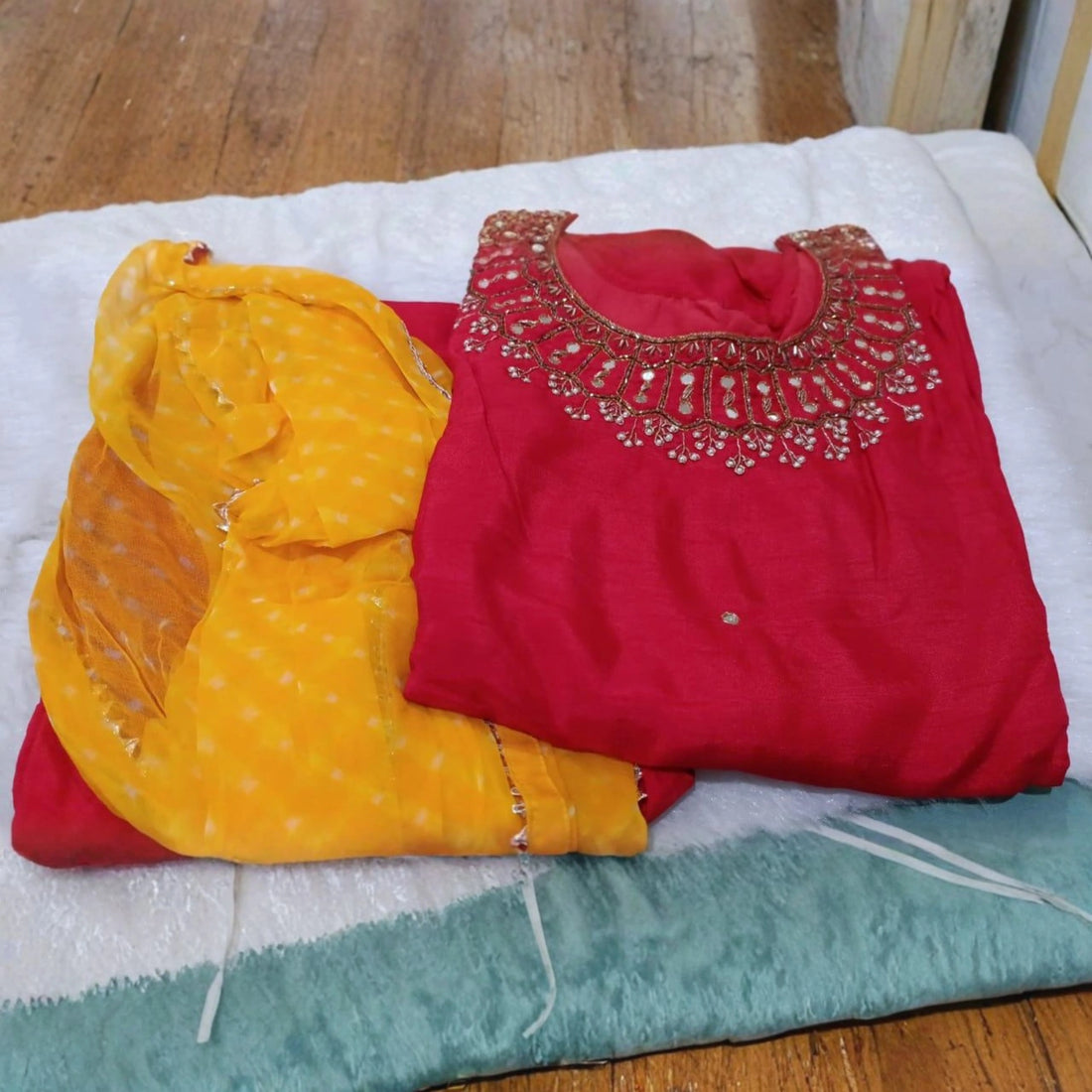 Ruby Red Silk Kurti Set with Yellow Leheriya Dupatta