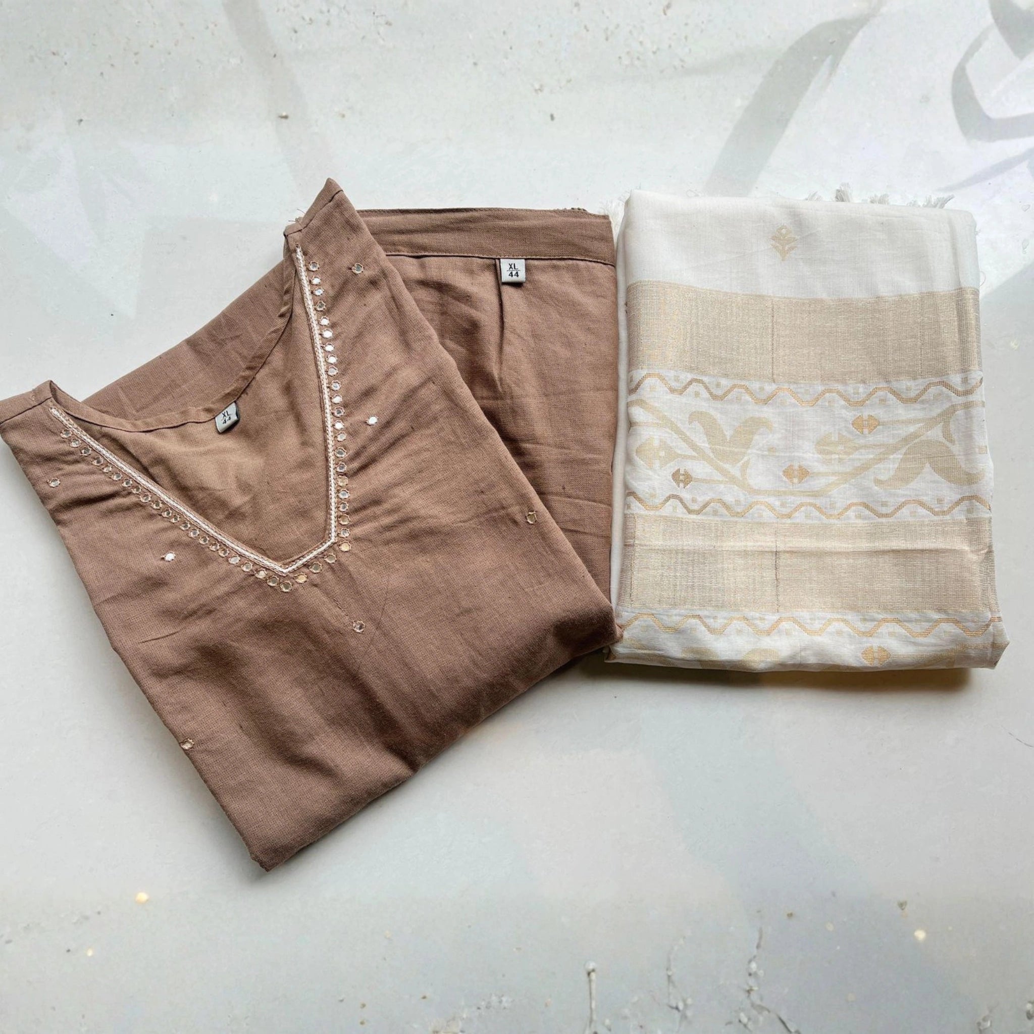 Light Chickoo 2 Ply Cotton Kurti Pant Set with Jamdani Dupatta