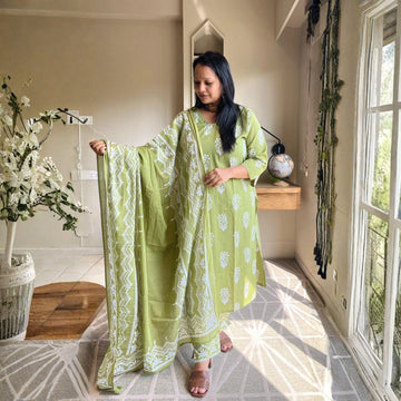 Parrot Green Cotton Kurti Pant Set with Printed Dupatta