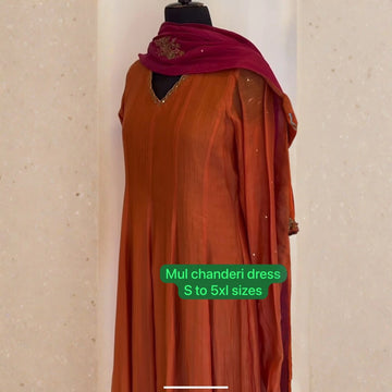 Elegant Orange Mul Chanderi Anarkali Suit Set with Contrast Dupatta