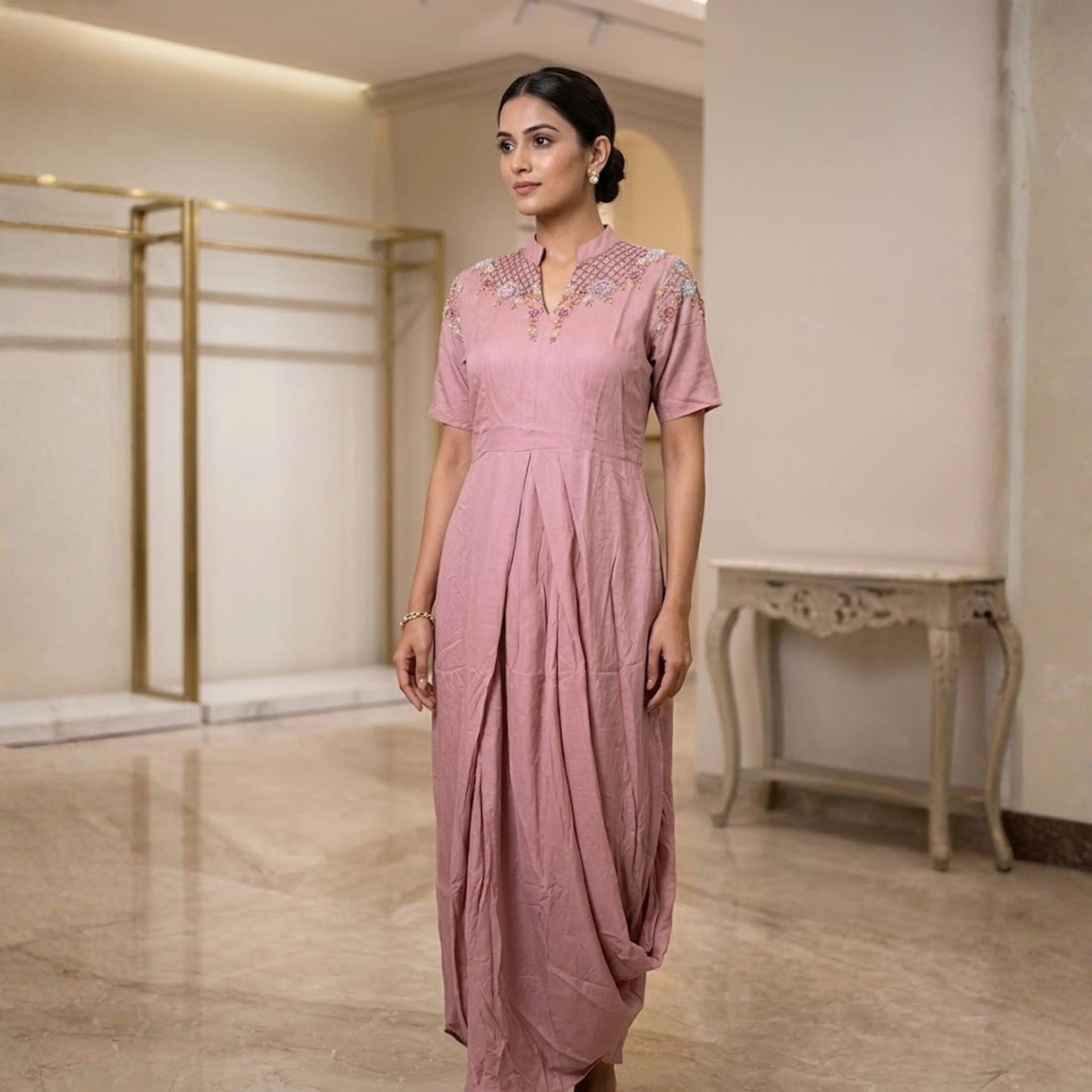 Elegant Indo-Western Cowl Pattern Gown