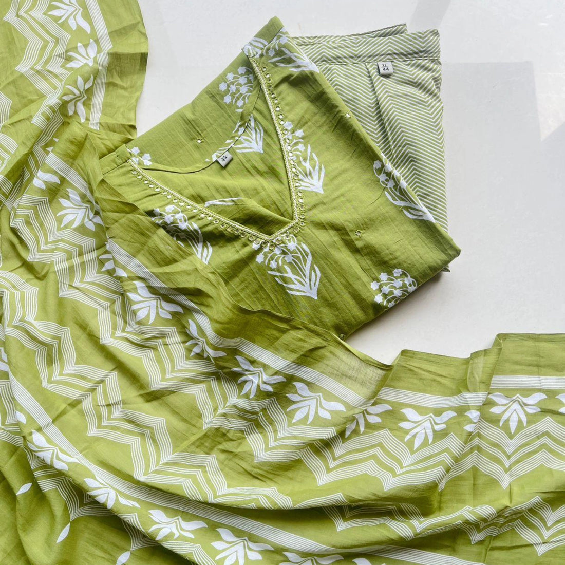 Parrot Green Cotton Kurti Pant Set with Printed Dupatta