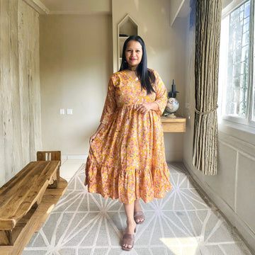 Orangish Yellow Crepe Printed Kurti Dress