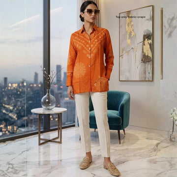 Elegant Printed Crepe Orange Short Shirt Top