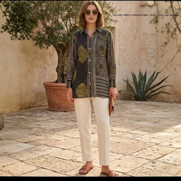 Elegant Printed Crepe Green Short Shirt Top