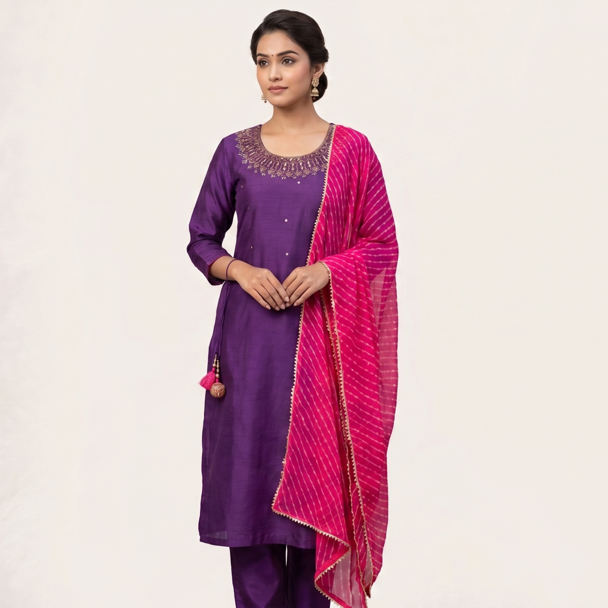 Royal Purple Silk Kurti Set with Leheriya Dupatta