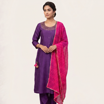 Royal Purple Silk Kurti Set with Leheriya Dupatta