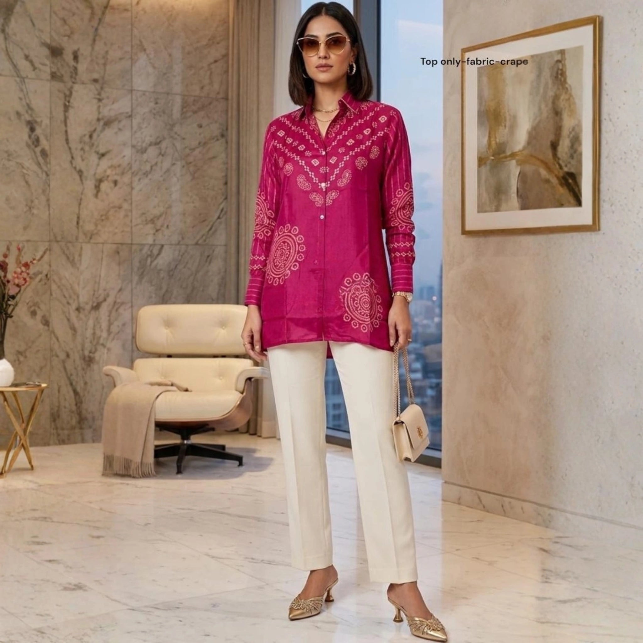 Elegant Printed Crepe Pink Short Shirt Top