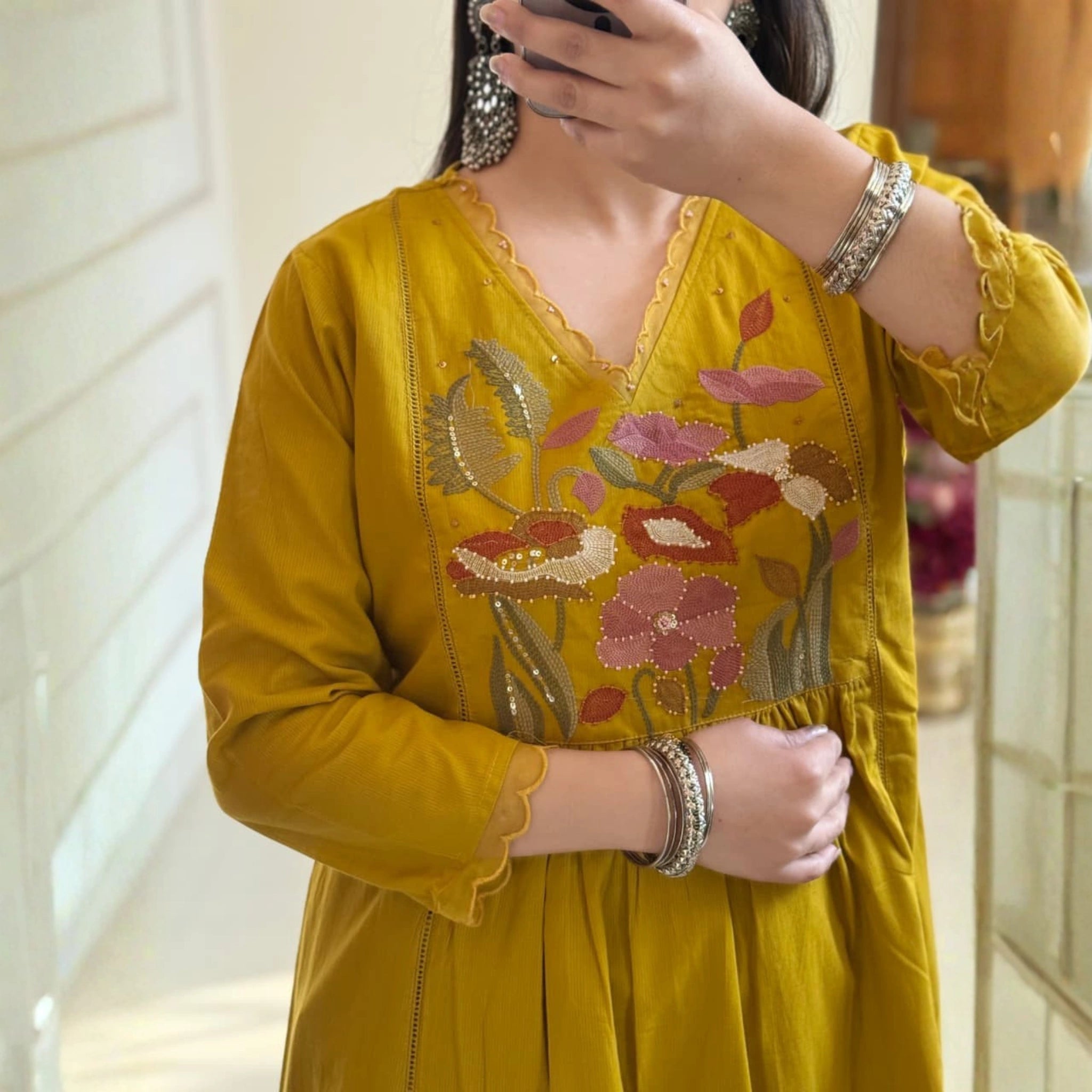 Mustard Yellow Cotton Embroidered Suit Set with Dupatta