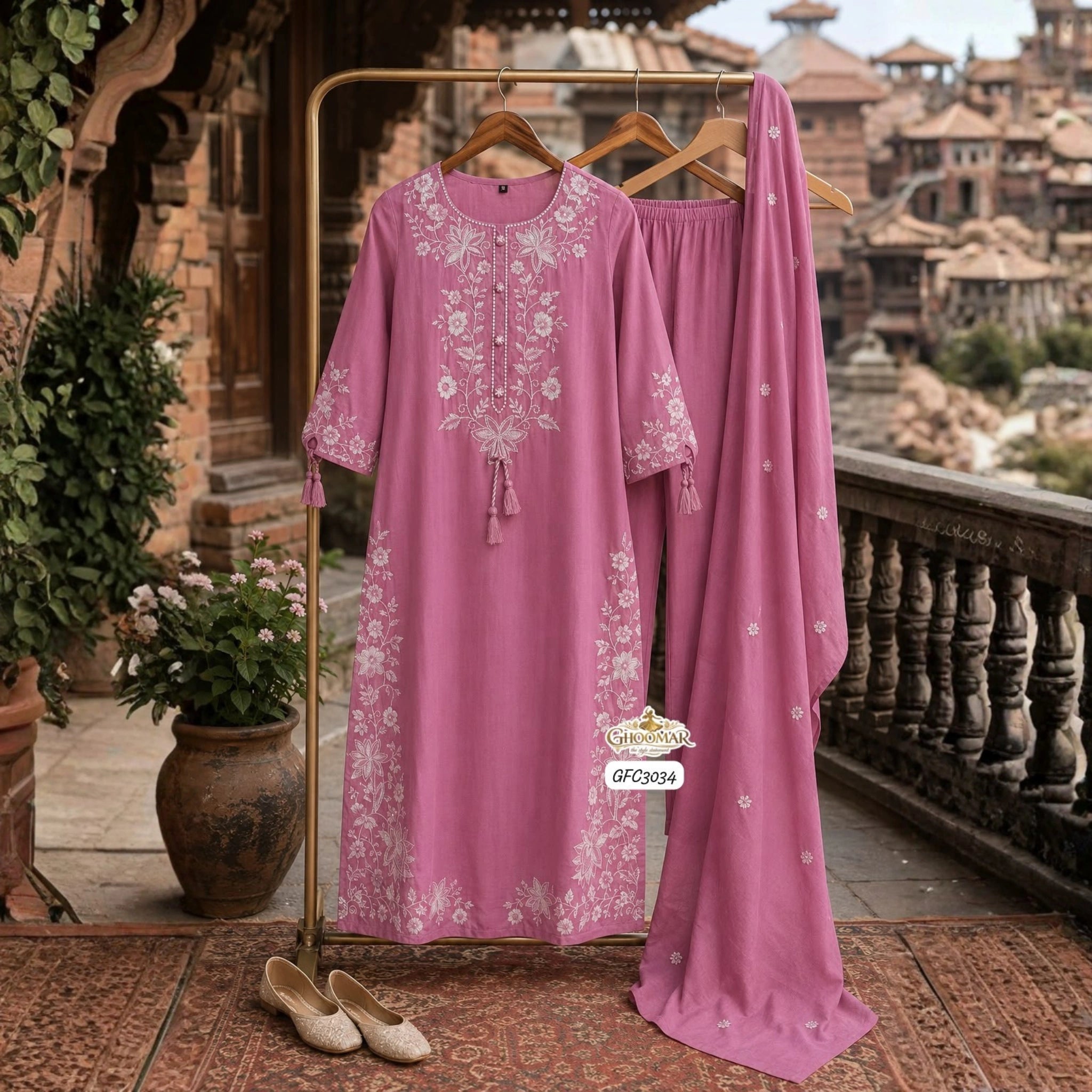 Elegant Pink Cotton Embroidered Suit Set with Dupatta