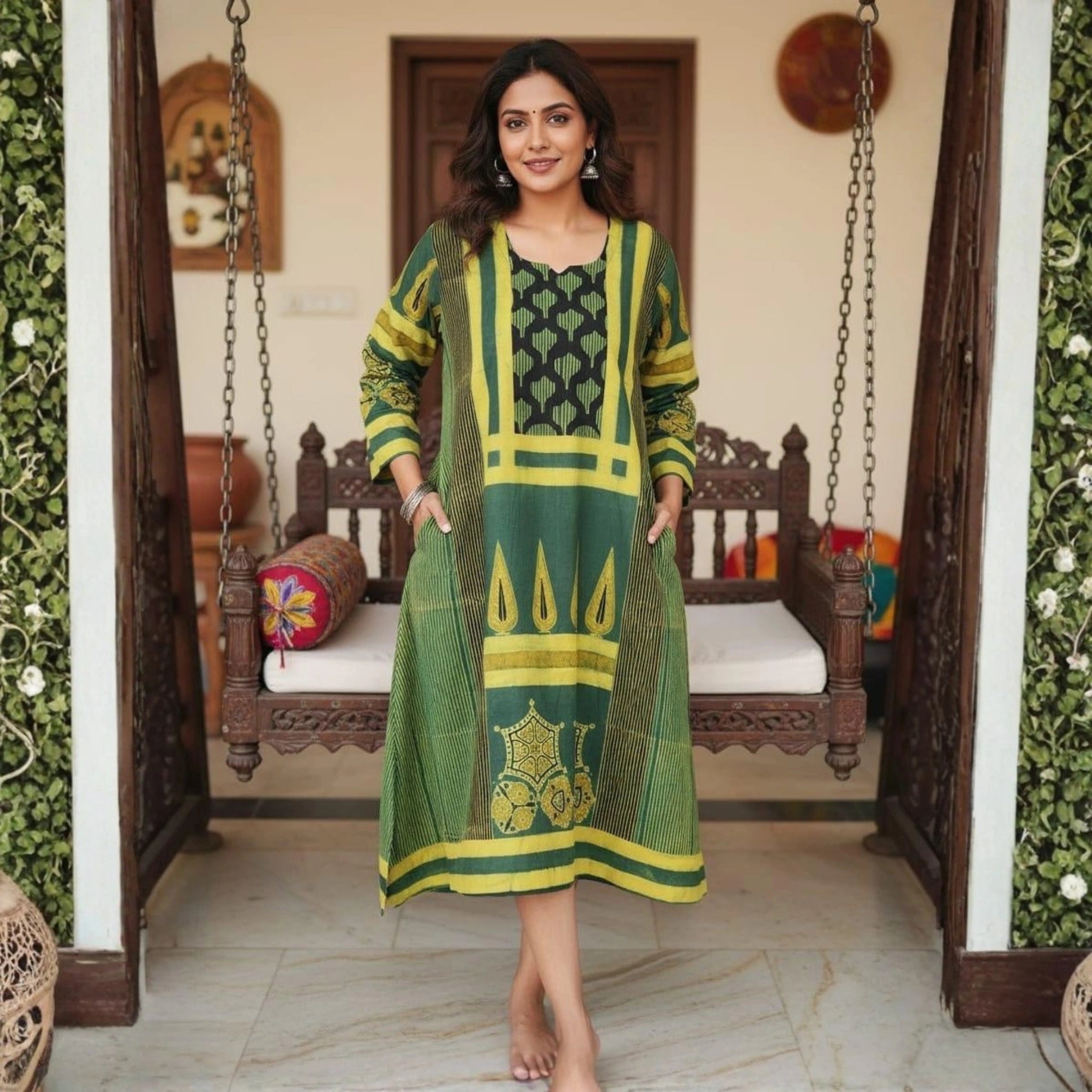 Designer Cotton Ajrakh Hand Block Print One Piece Dress