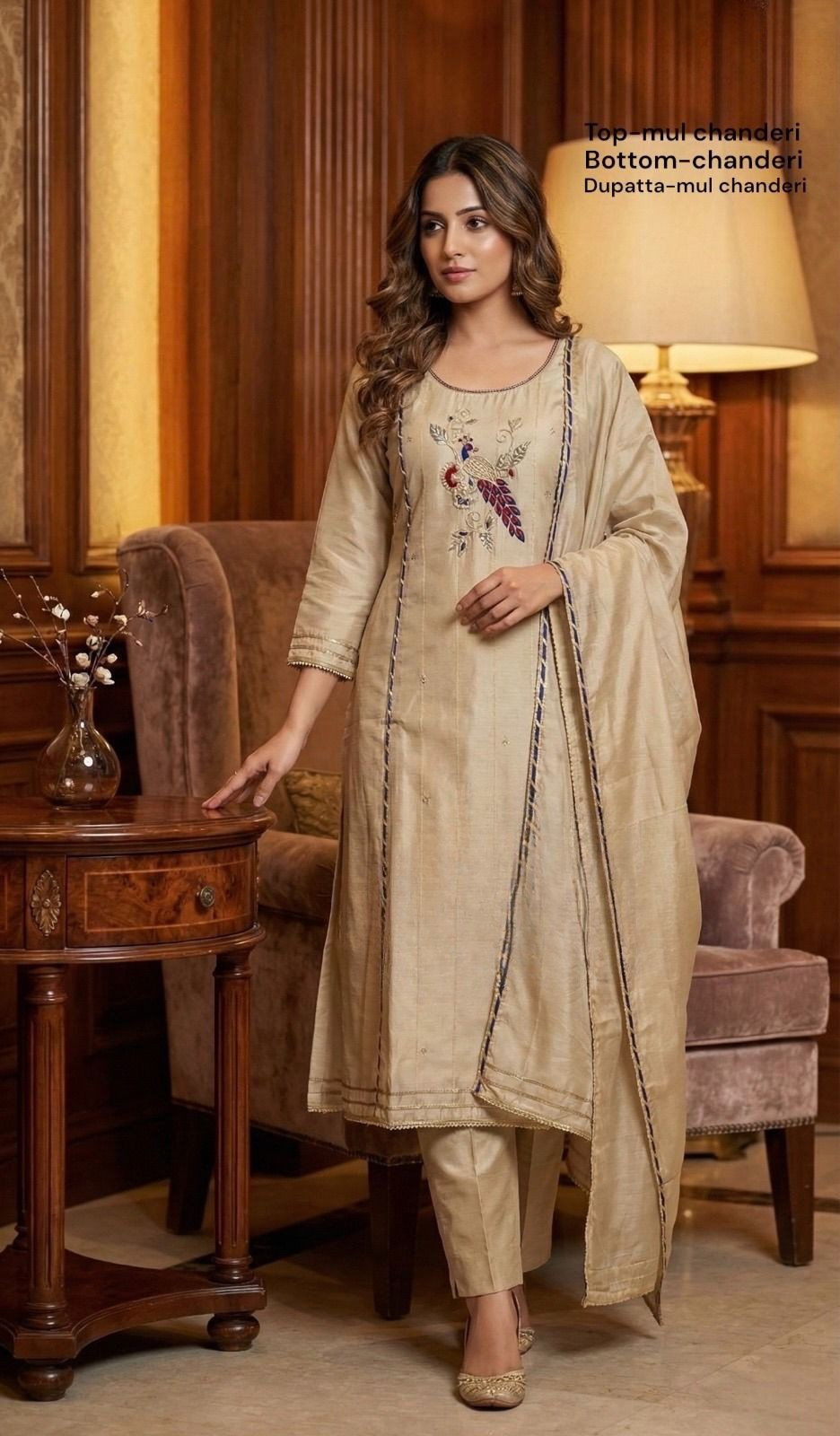 Elegant Mul Chanderi Embroidered Kurta Set with Dupatta