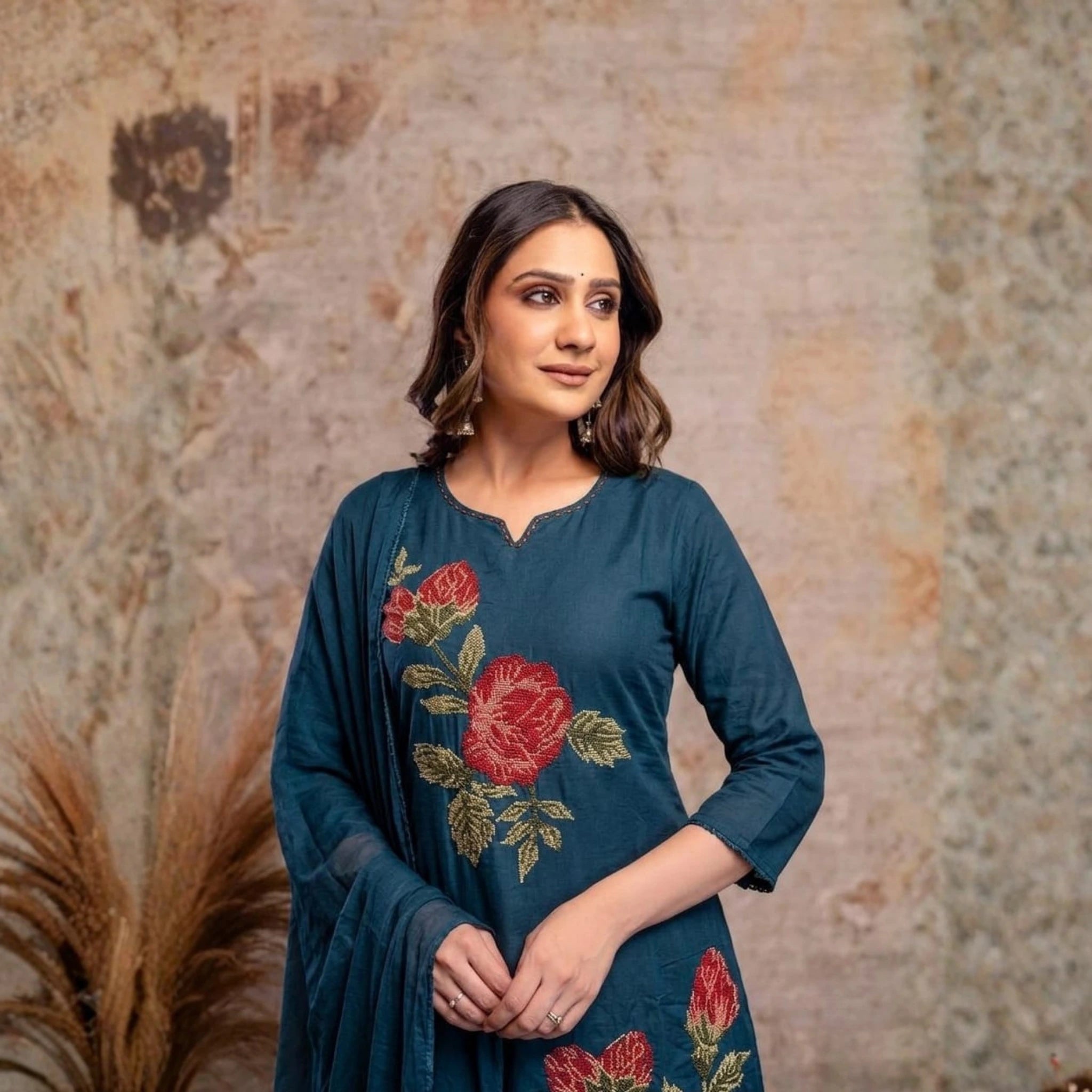 Chic Floral Embroidered Mul Cotton Kurta Set