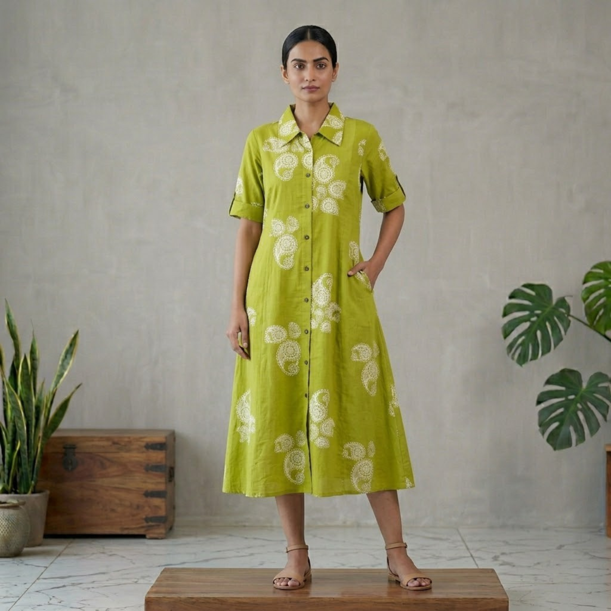 Parrot Green A-Line Cotton Frock with Pocket
