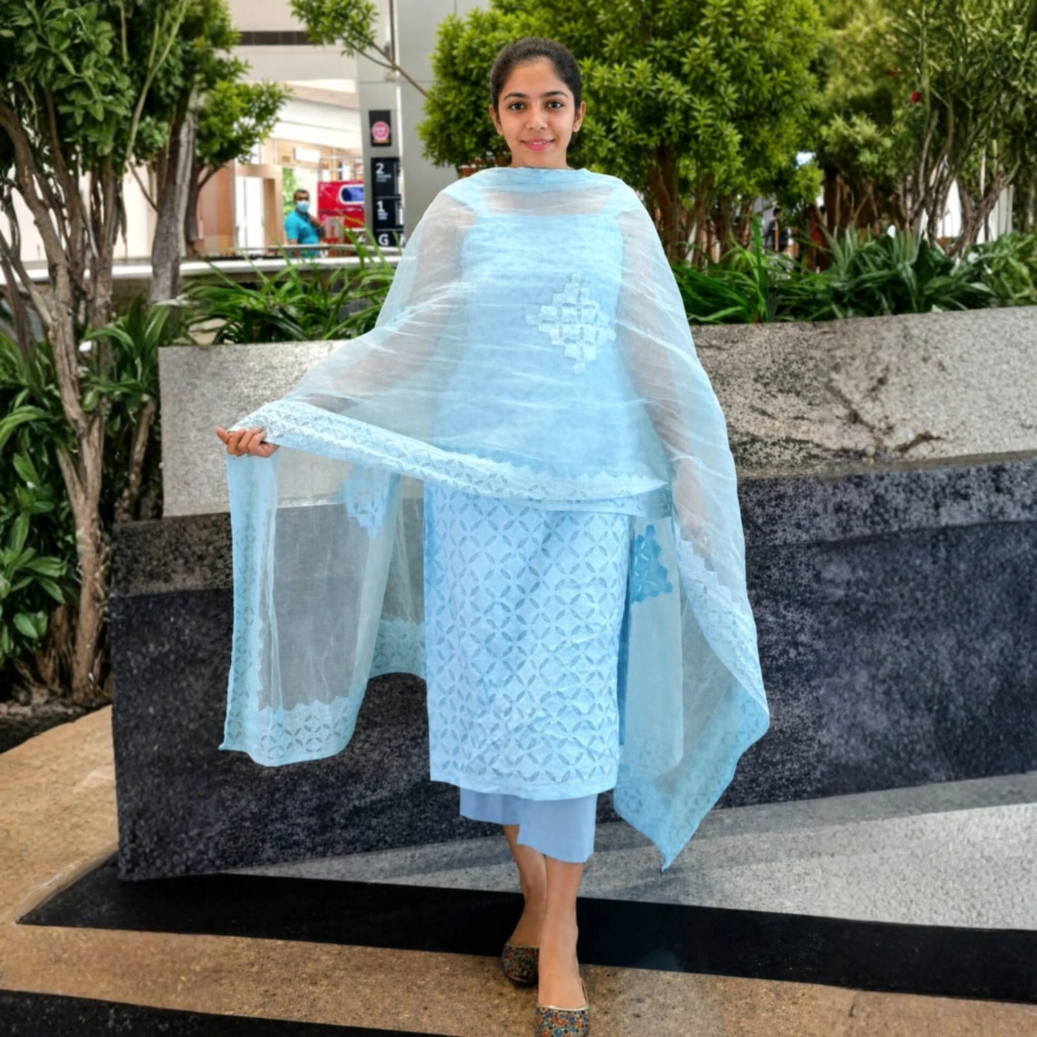 Cotton Appliqué Kurta Pant Set with Dupatta