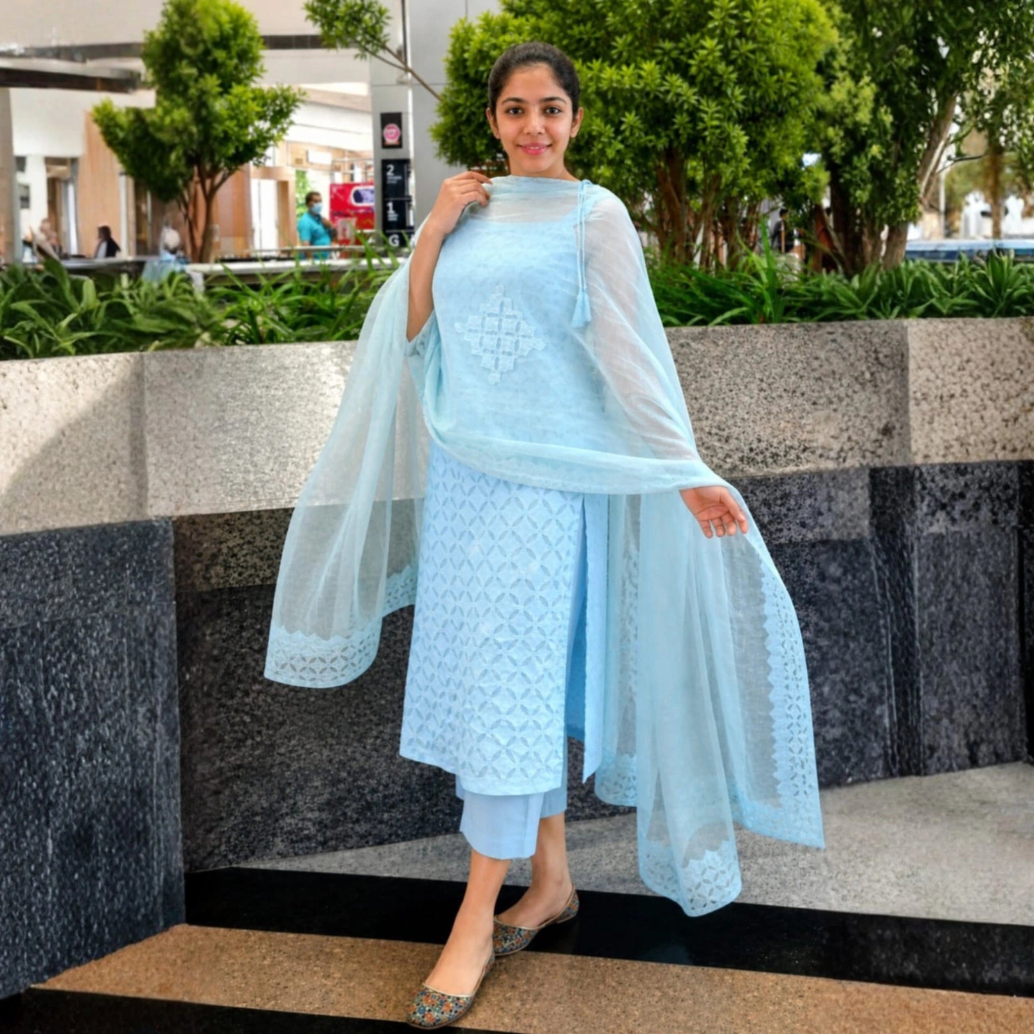 Cotton Appliqué Kurta Pant Set with Dupatta