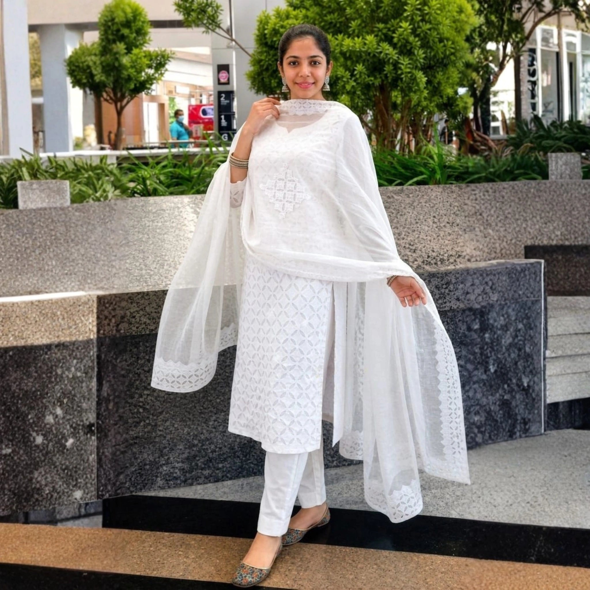 Cotton Appliqué Kurta Pant Set with Dupatta