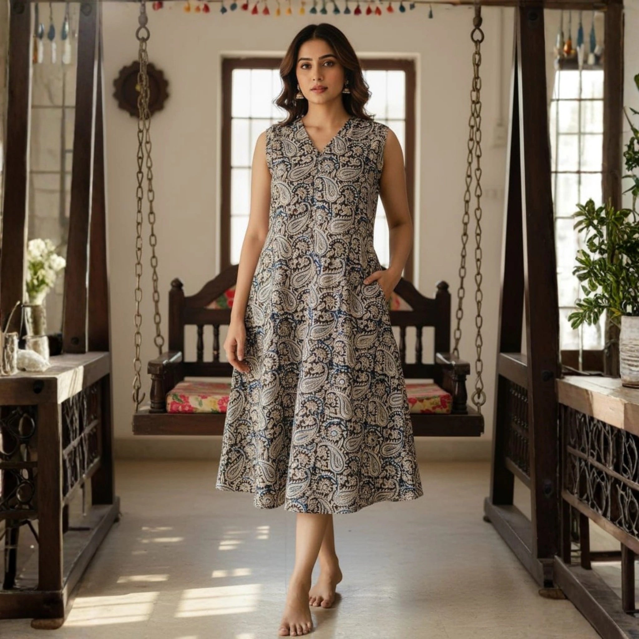 Pure Cotton Kalamkari Hand Block Print One Piece Dress