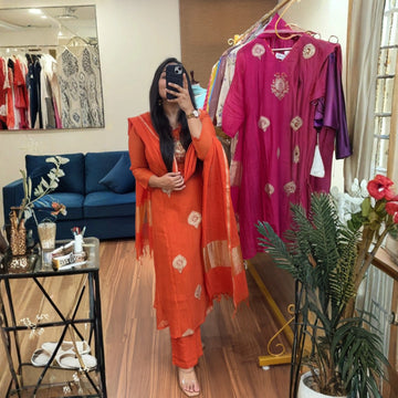 Pure Banarasi Mul Chanderi Premium Suit Set with Zari Dupatta
