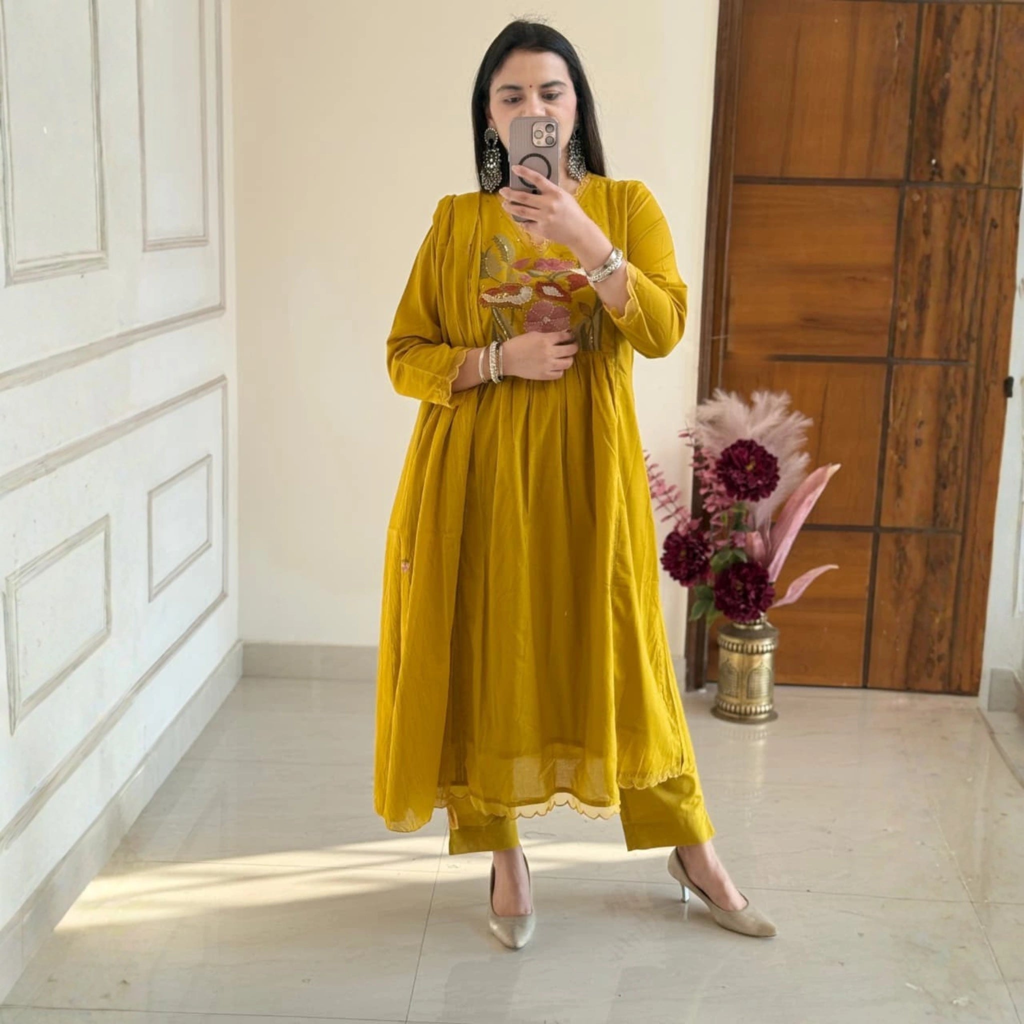 Mustard Yellow Cotton Embroidered Suit Set with Dupatta