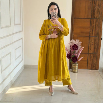 Mustard Yellow Cotton Embroidered Suit Set with Dupatta